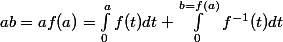 ab=af(a)=\int_{0}^{a}{f(t)dt}+\int_{0}^{b=f(a)}{f^{-1}(t)dt}